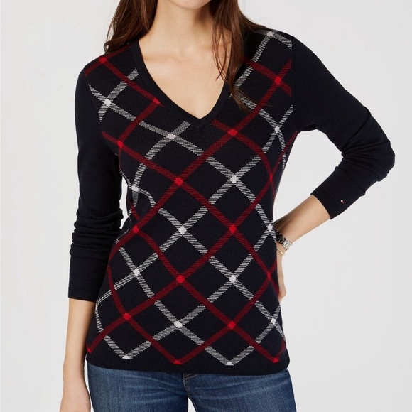 Tommy Hilfiger Sweaters - Tommy Hilfiger Cotton Diagonal Plaid Sweater Navy